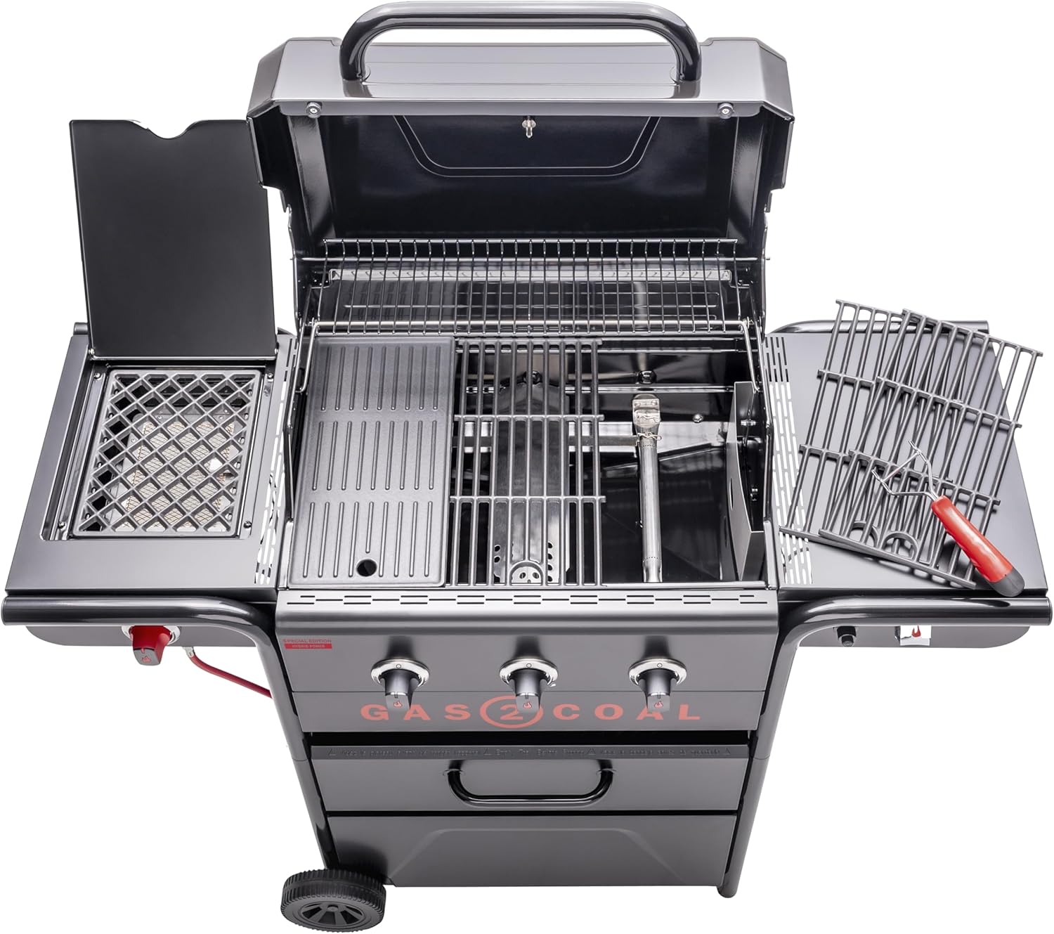 Char-Broil Gas2Coal 2.0 330 Special Edition 3+1-Brenner Hybridgrill, Patentierte Holzkohleschale, 900 °C Sear-Brenner & extra Grillplatte, Schwarz