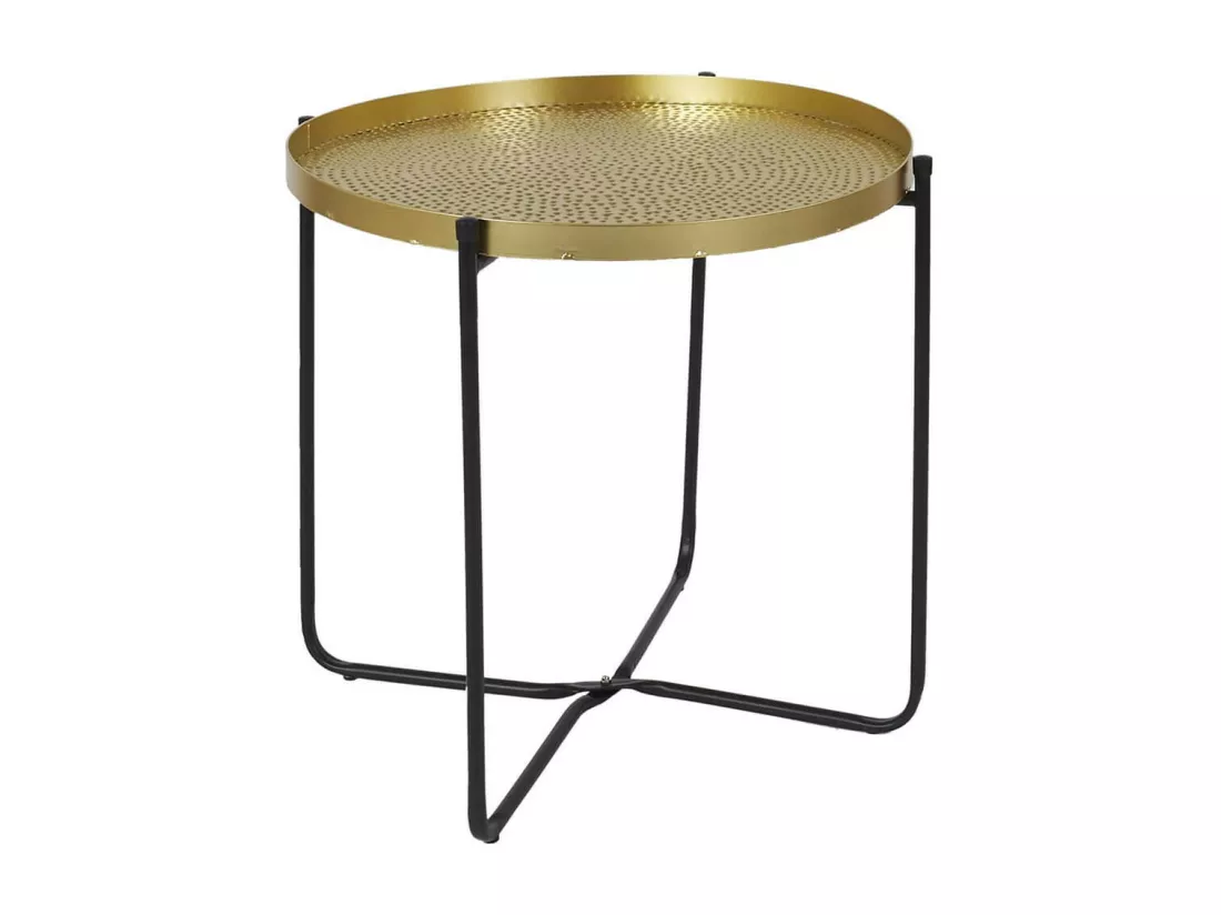 SYMBA - Table d'Appoint D50cm Plateau en Métal Doré Martelé Pieds en Métal Noir