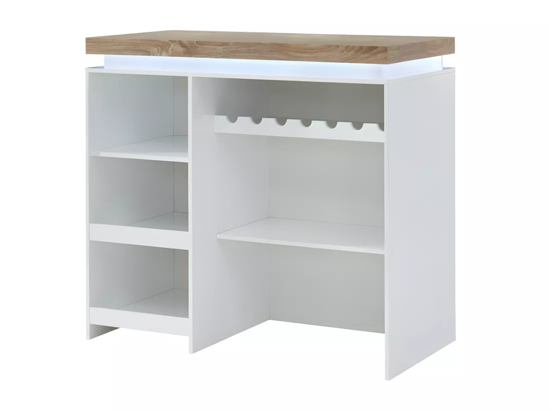 Meuble de bar HALO II - MDF laqué blanc - LEDs - Blanc et Chêne