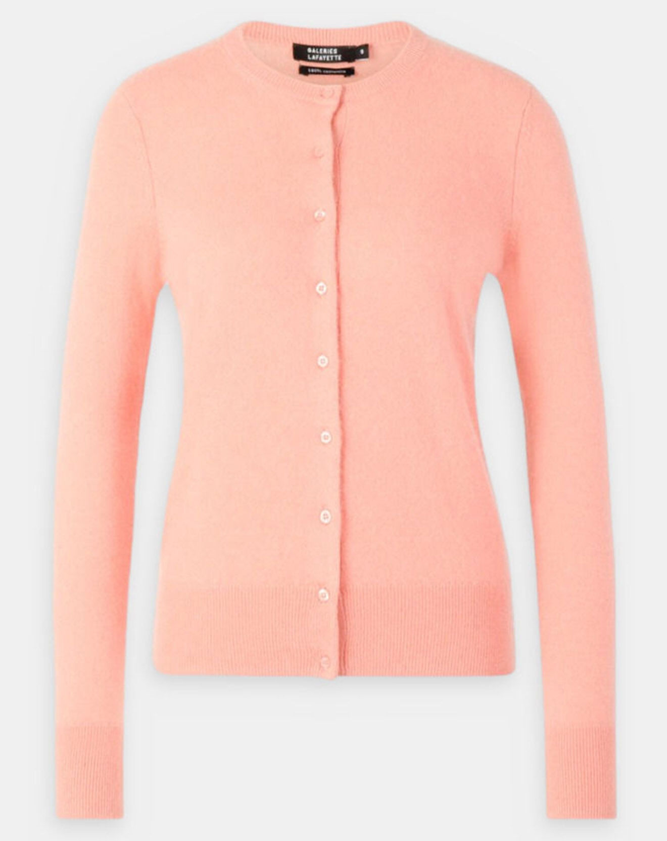 Galeries Lafayette Cardigan 100% Cachemire Yacao col rond rose saumon