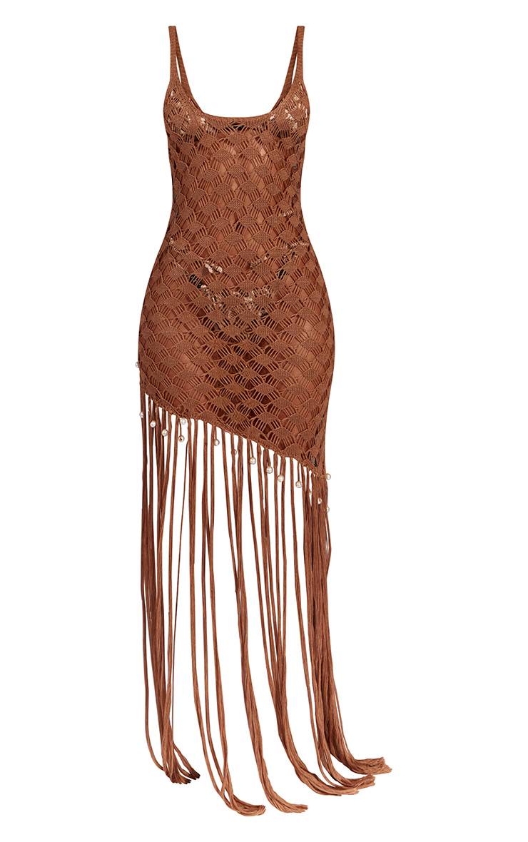 Marron Robe De Plage Longue À Franges En Crochet