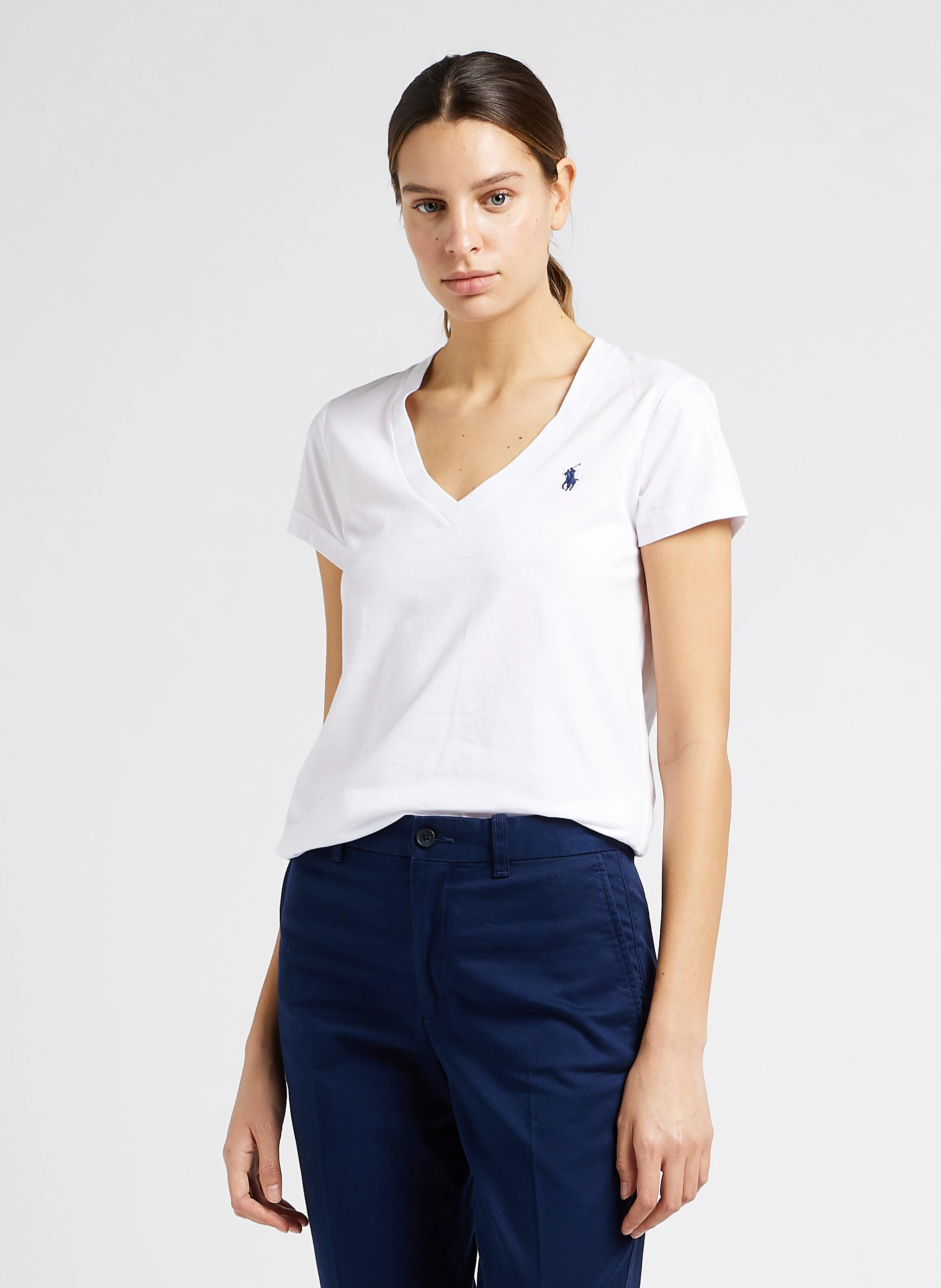 Tee-shirt col V brodé en coton | Blanc