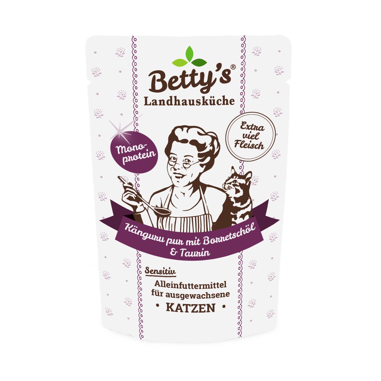Betty's Landhausküche Frischebeutel Känguru Pur mit Borretschöl 12x 100g für Katze