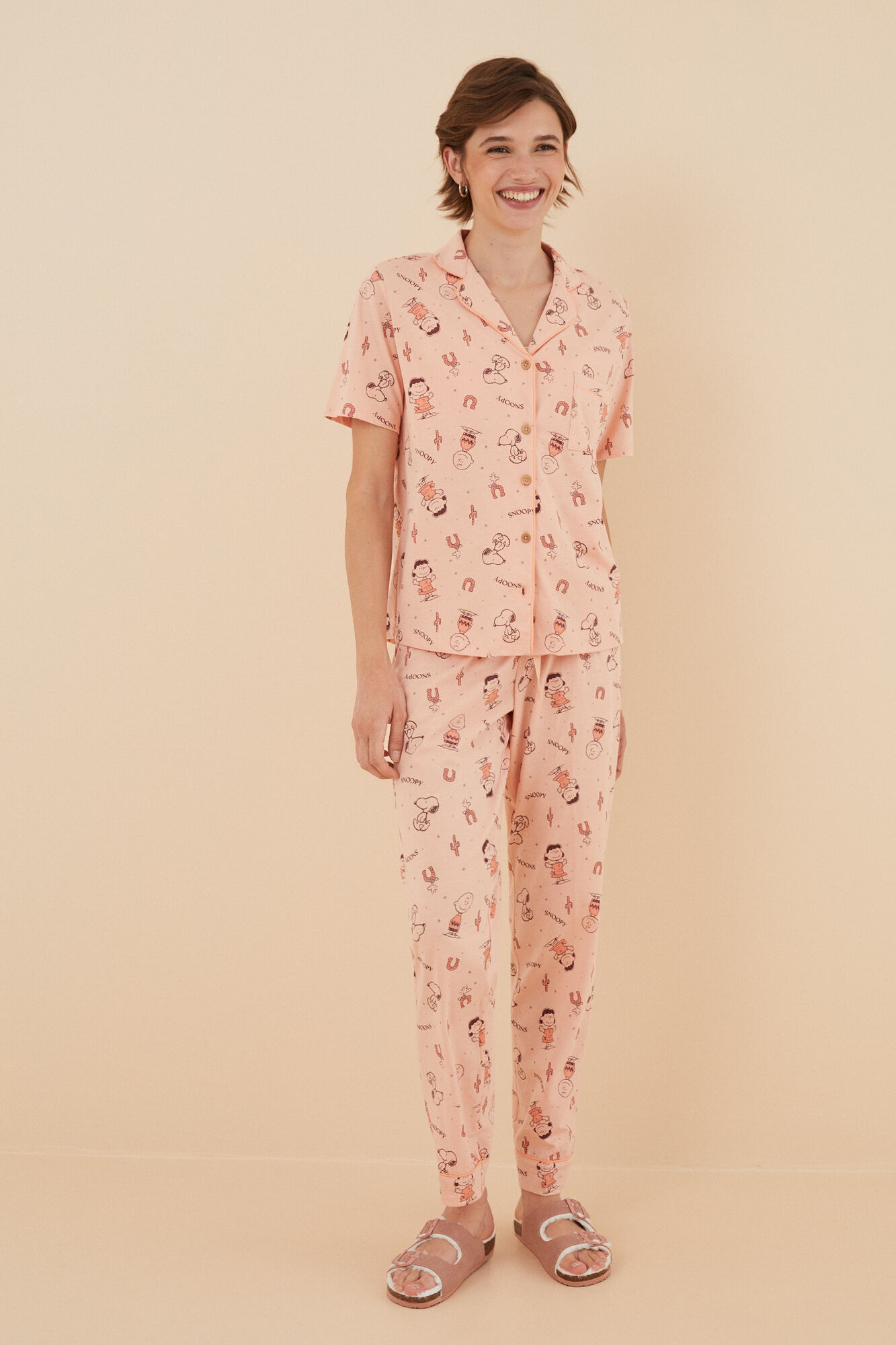 Pijama estilo camisa Snoopy rosa 100% algodão