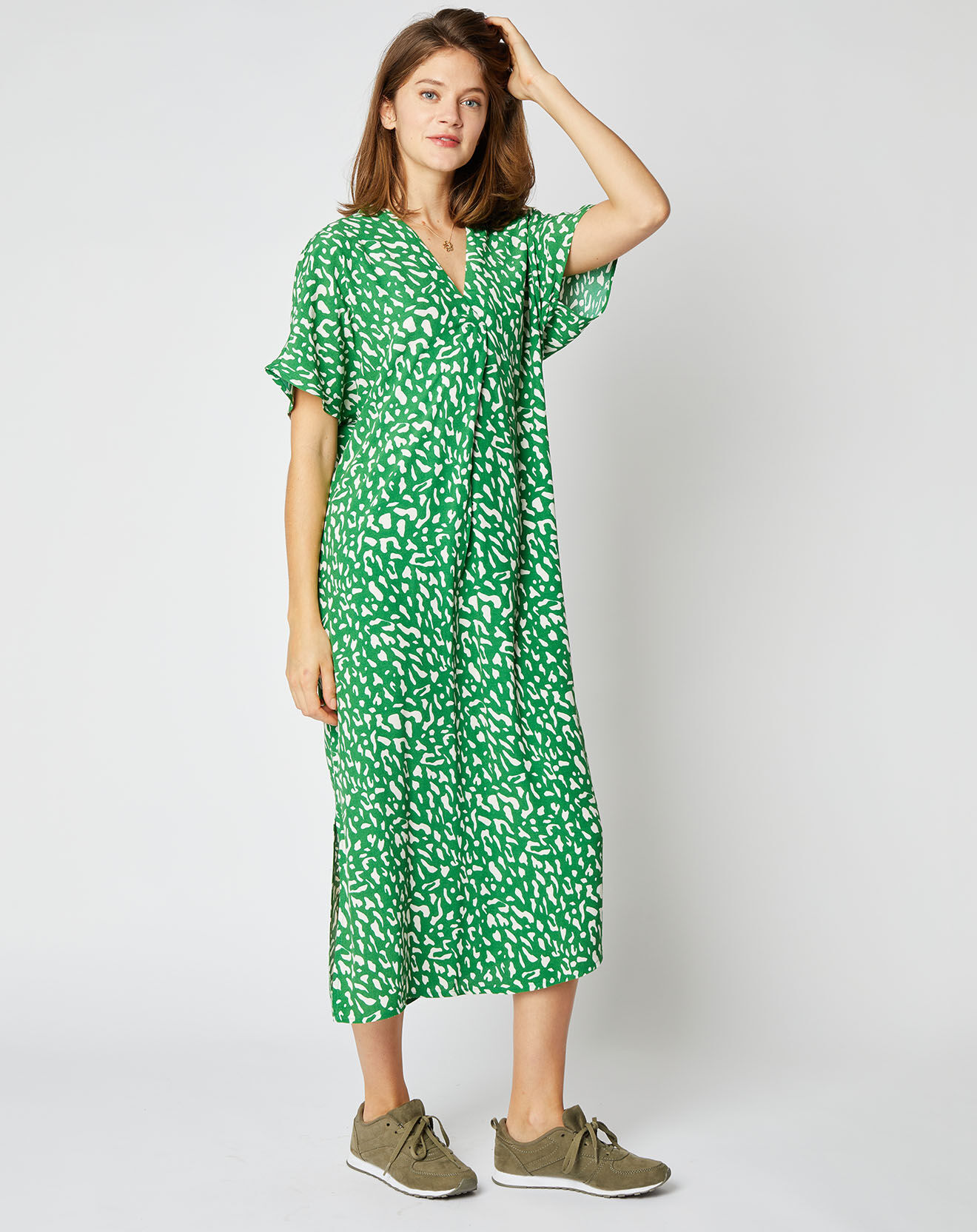 An'ge Robe mi-longue droite Floriane à motifs verte