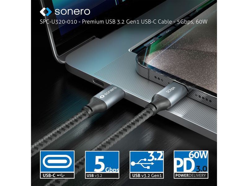 sonero USB-Kabel USB C - USB C 0.5 m USB-C auf USB-C Kabel - 3.2 Gen 1, 5 GBps, 60W PD, DP Alt Mode – grau/schwarz - 0.50m