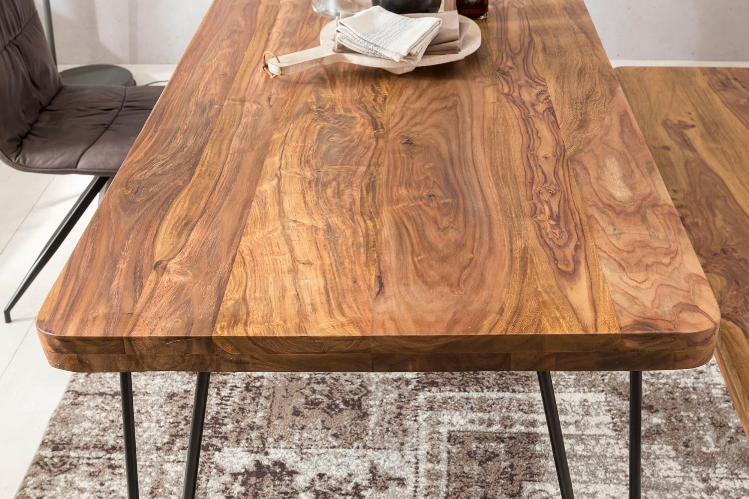 FineBuy Massiver Esstisch Harlem Sheesham Massiv Holz, Esszimmertisch Massivholz mit Design Metall Beinen, Holztisch Tisch Esszimmer, Küchentisch Braun