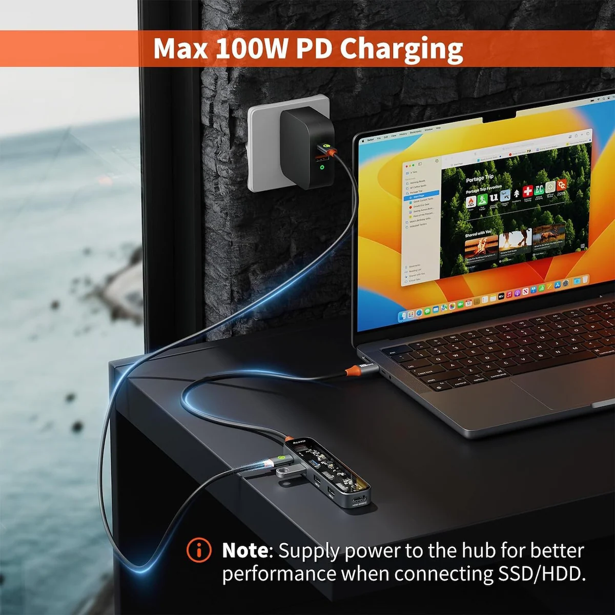 NÖRDIC USB-C 1 til 5 huber 1xHDMI 4K60Hz, 1xUSB-C PD 100W, 3xUSB-A, 30cm