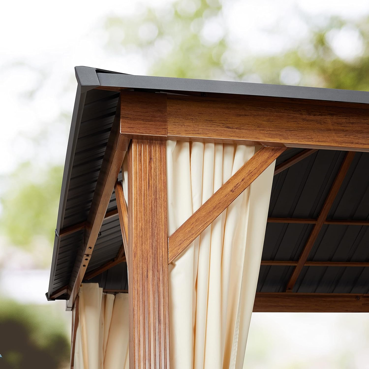 TOOLPORT Gartenpavillon 3x3 m Holzoptik, Stahldach Hardtop 4 Seitenteile in Champagner