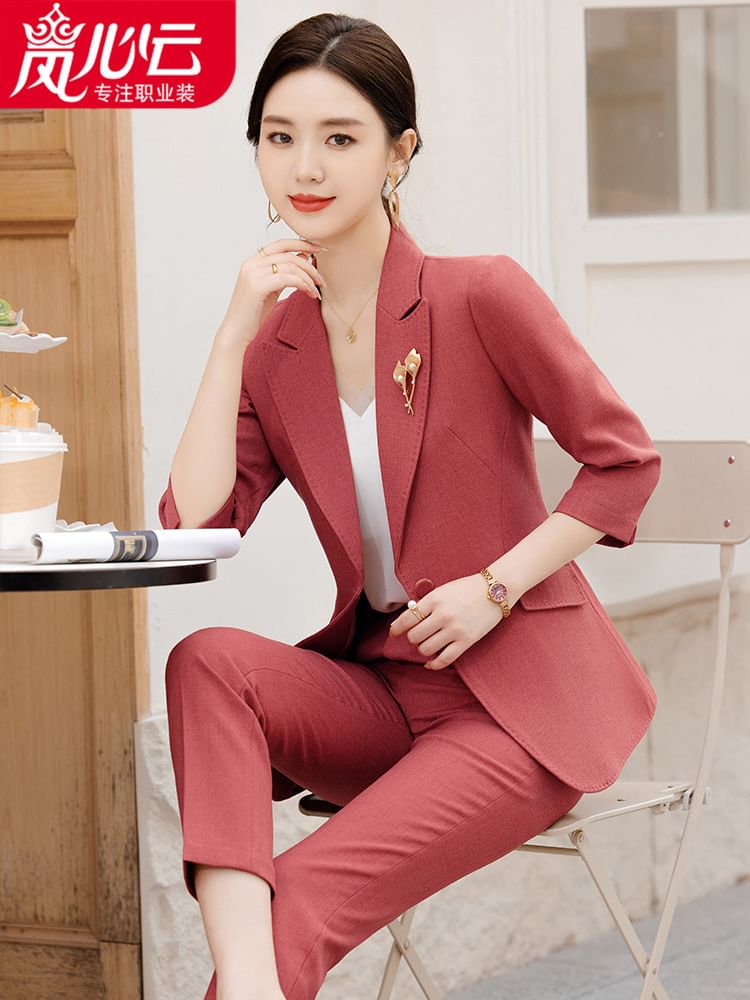 Skyheart - Effen blazer met één knoop / Hoge taille cropped rechte broek / Set