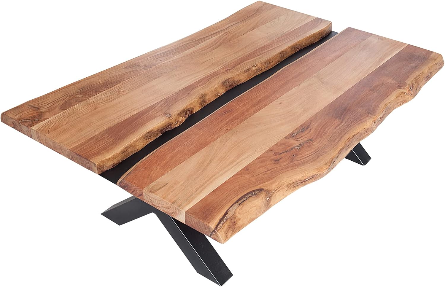 Riess Ambiente Massivholz Couchtisch Amazonas 105cm Akazie schwarzes Metall X-Gestell Baumkante Live Edge, Beistelltisch für Dein Wohnzimmer