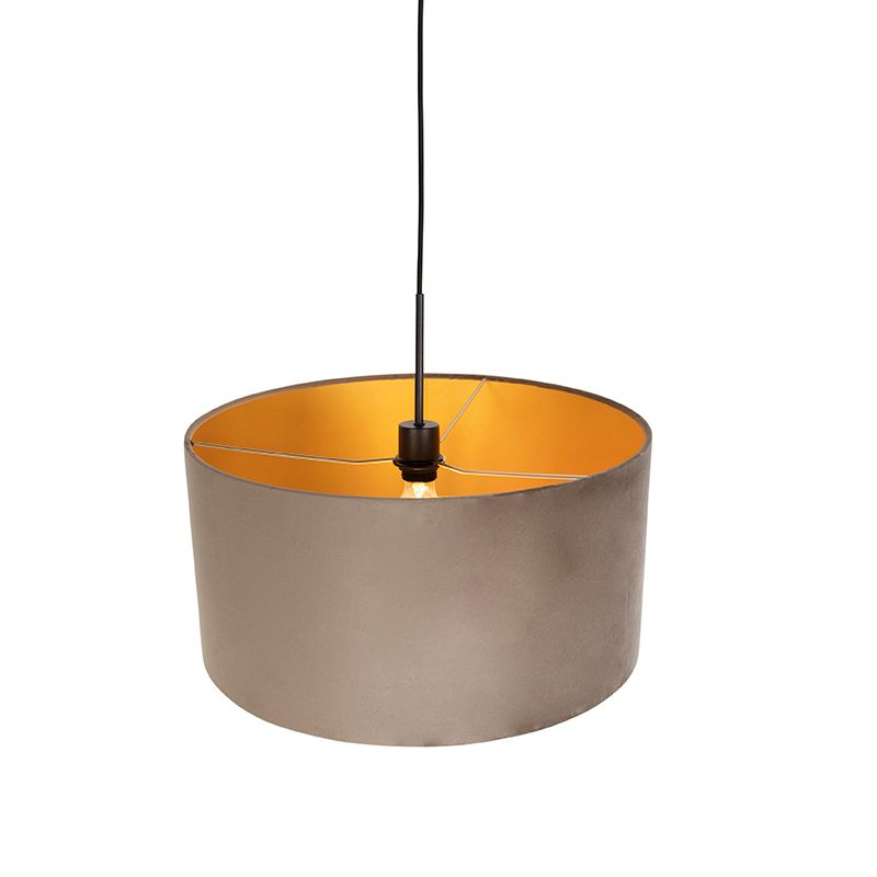 Hanglamp met velours kap taupe met goud 50 cm - Combi