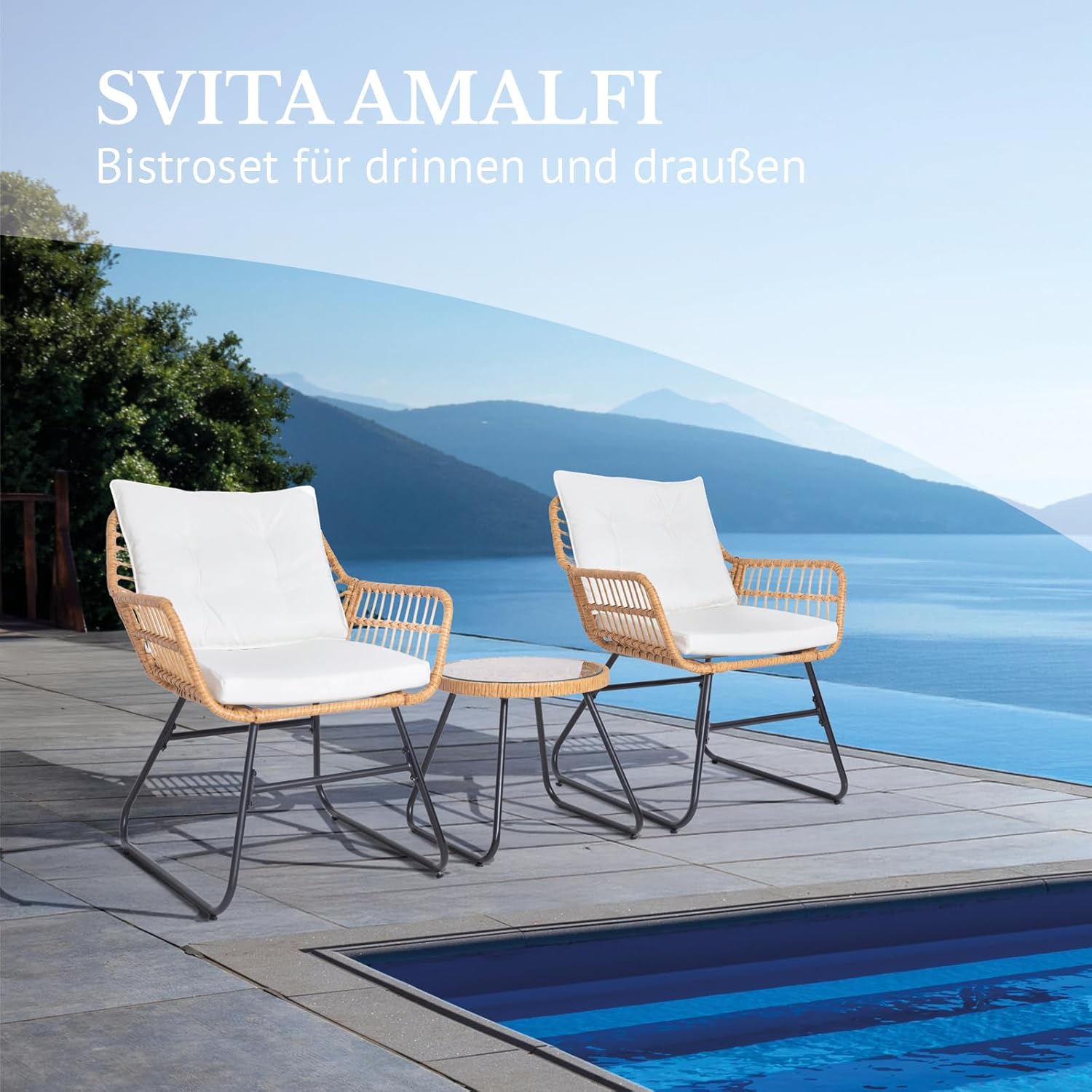 SVITA Amalfi Rattan Sitzgruppe Outdoor Gartenlounge Sitzgruppe 2 Personen Balkonset 3-TLG. Gartenmöbel Set inkl. Kissen Bistroset Polyrattan Natur