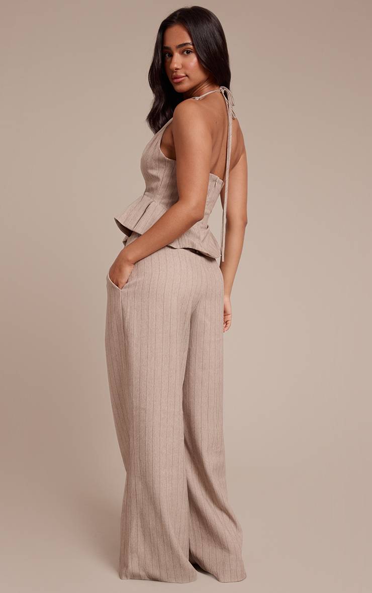 Beige Pantalon Tailleur Petite À Rayures Fines Et Jambes Larges