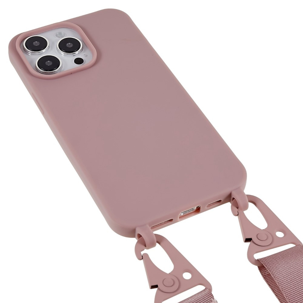 iPhone 14 Pro Max Necklace Gummi Case Hülle   Handykette Nylon Strap (160cm) - Sandrosa