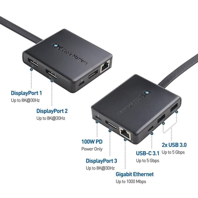 Cable Matters 1 til 8 USB-C dockingstation 3x Displayport USB-C PD100W RJ45 GigaLan 1xUSB-C + 2xUSB-A 5Gbps kompatibel med Thunderbolt 3/4, USB4