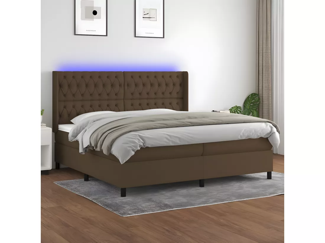 Sommier tapissier matelas et LED Marron foncé 200x200 cm Tissu