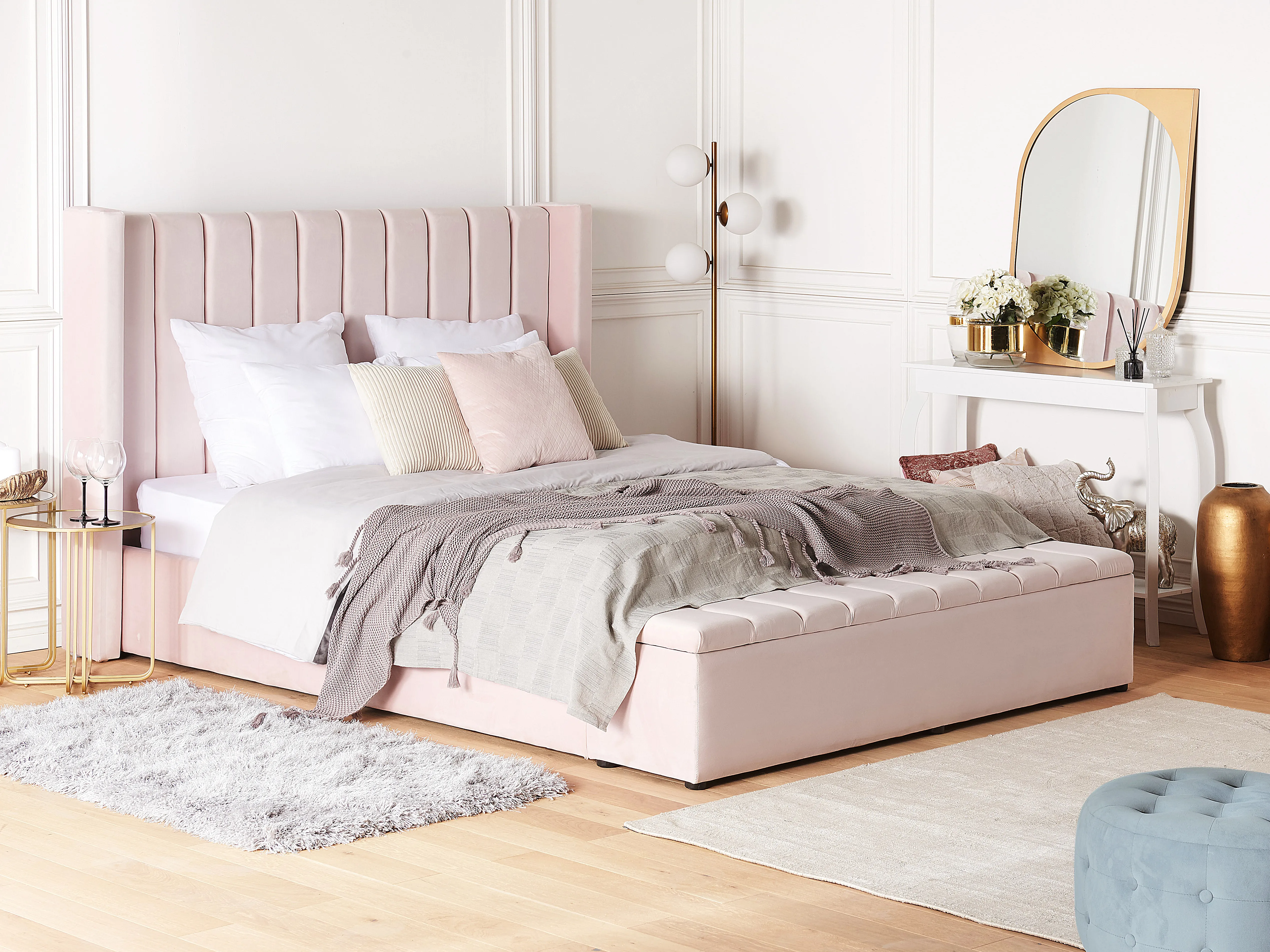 Waterbed met opbergbank Fluweel NOYERS 180 x 200 cm Pastelroze