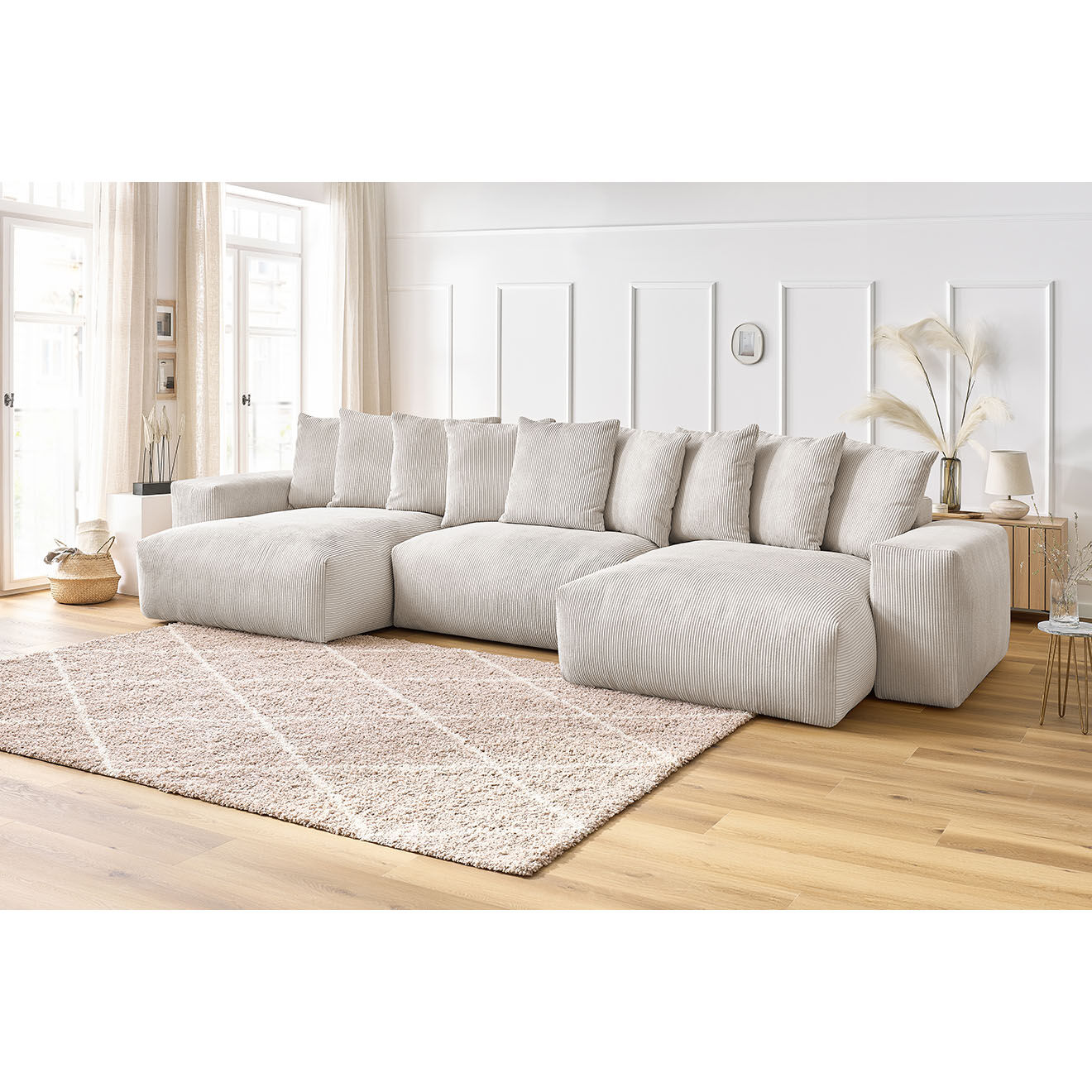 Bobochic Canapé panoramique fixe ultra moelleux voltaire velours côtelé beige - 420x174x75 cm