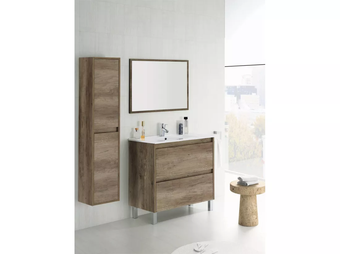 Colonne de salle de bain Dmarron, Armoire colonne de salle de bain avec 2 portes, Armoire murale suspendue, Armoire polyvalente moderne, 30x26h140 cm, Chêne
