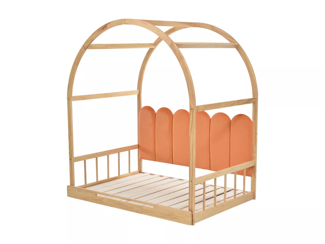 Lit gigogne 140x100/200cm en bois massif - avec tête en velours et sommier à lattes - Orange