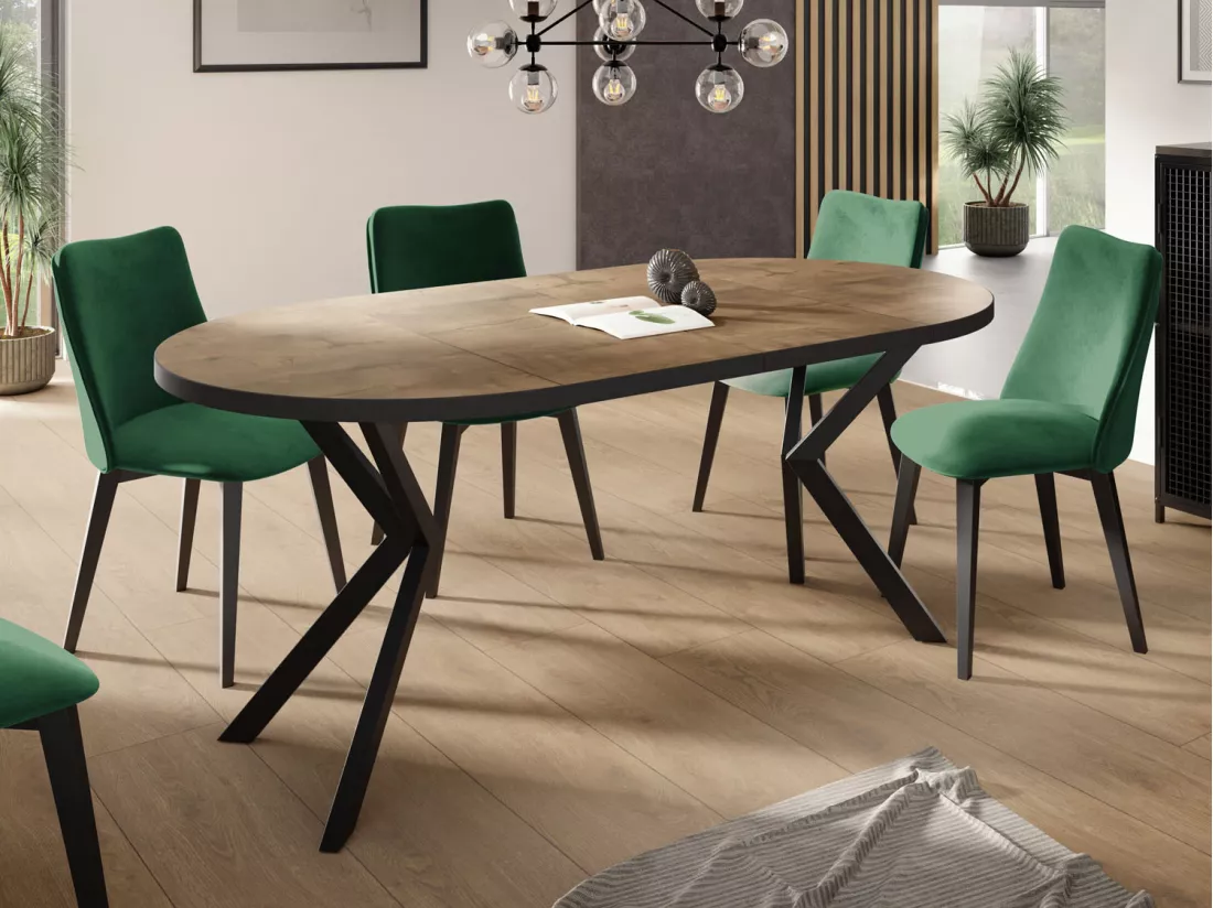 Table Ronde à Rallonges Pour La Salle à Manger - 120/196 Cm - Table Avec Pieds En Métal Noir - Compacte - Chêne Lefkas