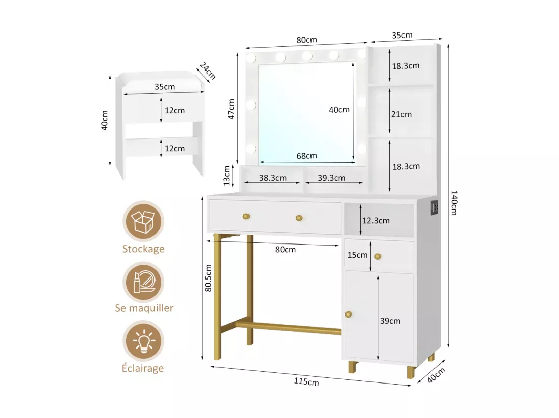 Coiffeuse avec Miroir LED et Tabouret - 115L x 40P x 140H cm - 3 Modes d'Éclairage - Blanc