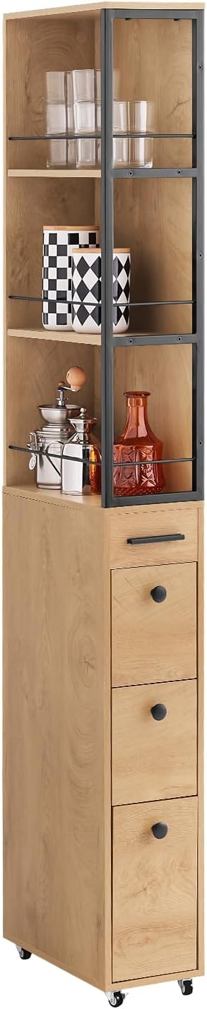 SoBuy Nischenregal mit 3 Schubladen Küchenwagen mit Rollen Badrollwagen Badschrank schmal Nischenwagen Rollwagen Apothekerschrank Schmales Regal für Bad, küche Vintage-Stil B20 x H170 x T40cm NSR13-N