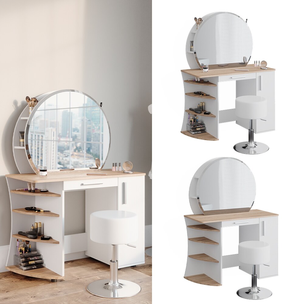 Vicco Schminktisch Frisiertisch Kosmetiktisch Almina Weiß Sonoma Schminkspiegel 100x143 modern Hocker Schlafzimmerkommode Schminkkommode Schublade Frisierkommode Make-Up-Tisch