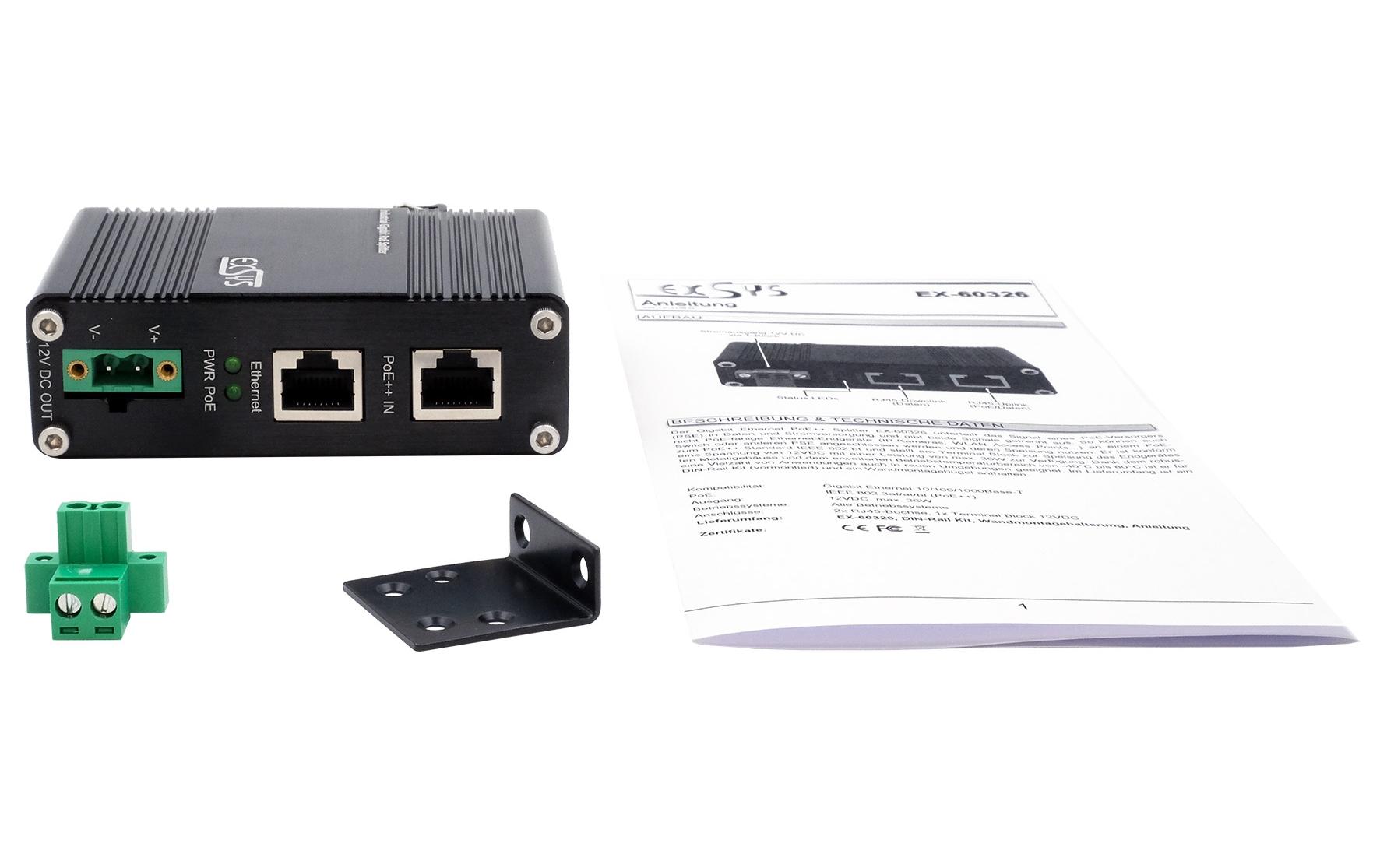 PoE Splitter EX-60326 PoE++ max. 36WGigabit Ethernet PoE++ Splitter EX-60326 - IEEE 802.3bt konform, 12V/36W Ausgang, für nicht PoE-fähige Geräte, -40°C bis +80°C, inkl. DIN-Rail Kit und Wandmontage
