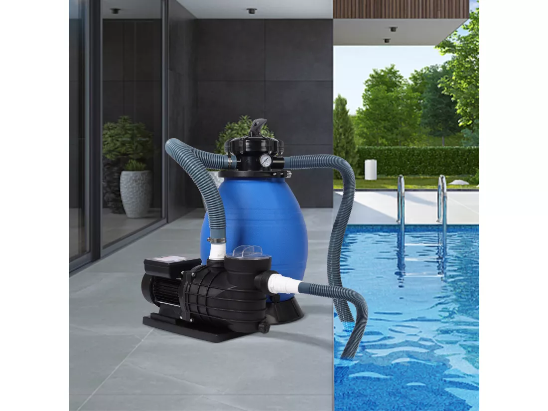 Pompe Filtre à Sable, Pompe pour filtration pour piscine, Puissance 400W, 11 000 l/h, Bleu et Noir