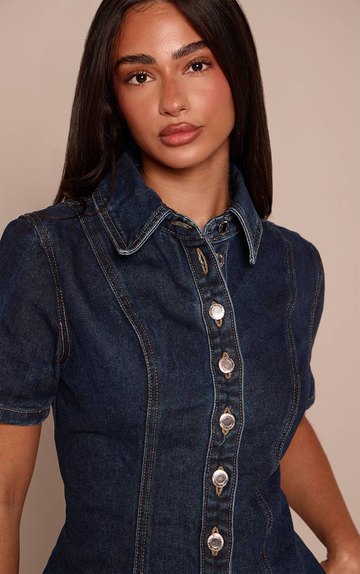 Bleu Indigo Chemise En Denim À Manches Courtes Boutonnée Petite Taille