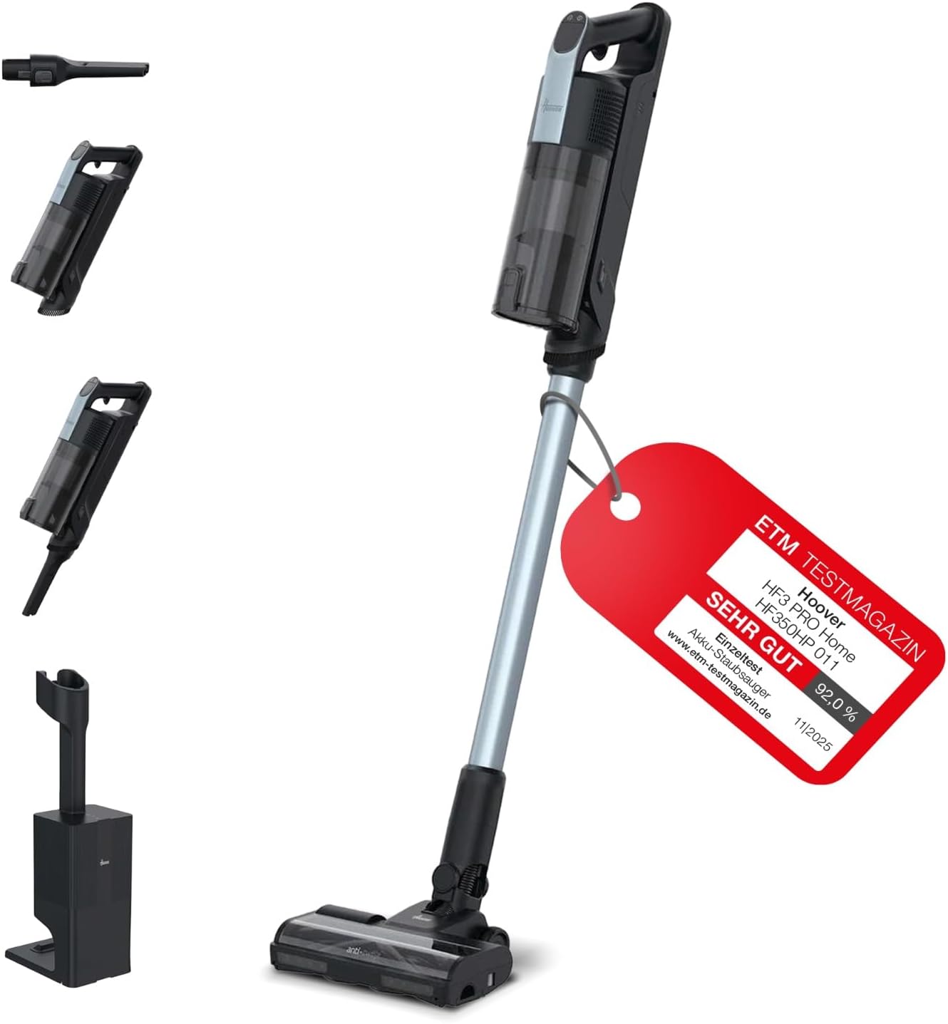 Hoover Akku-Staubsauger kabellos HF3 Pro Home mit 3L automatischer Staubentleerungs- & Ladestation, bis zu 60 Min. Laufzeit, HEPA13-Filter, Anti-Twist, Doppel-Kantenreinigung, Parkfunktion [HF350HP]