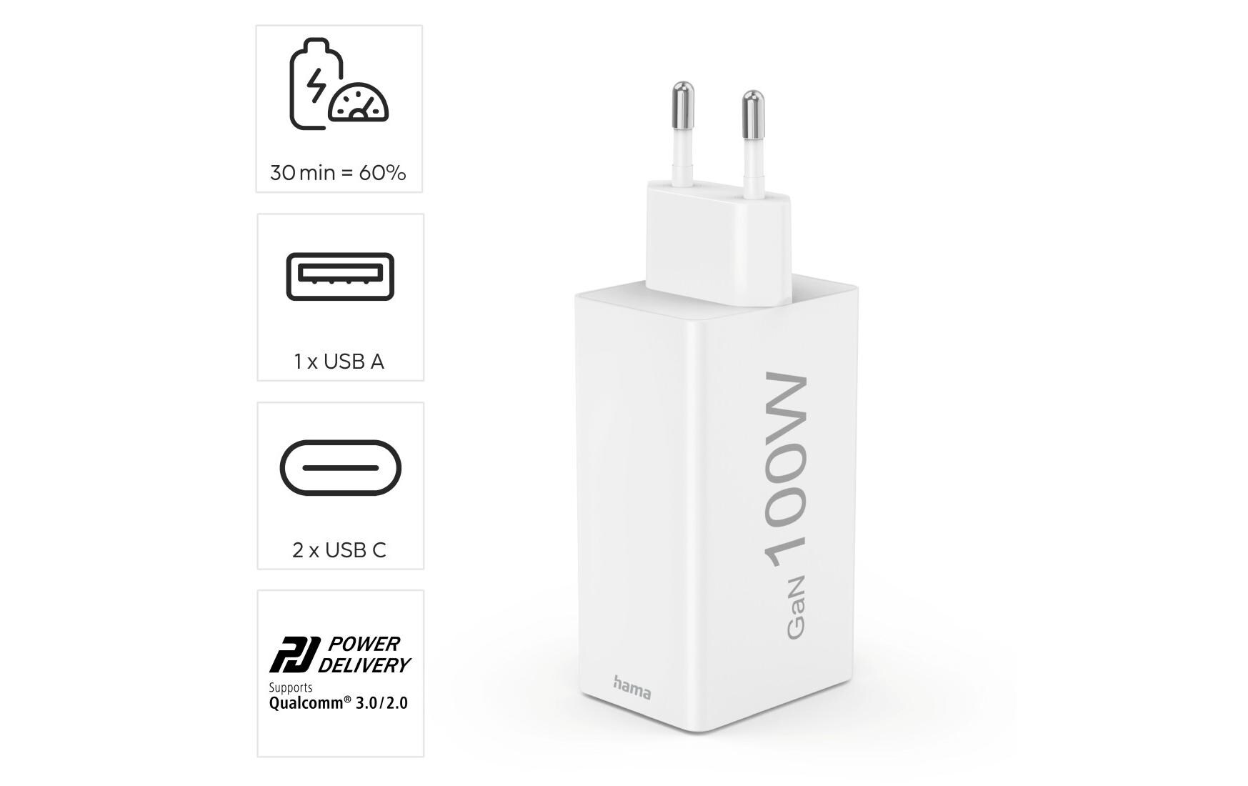 USB-Wandladegerät Gan charger 1x USB-A 2x USB-C 100 W WeissSchnellladegerät mit 1x USB-A und 2x USB-C