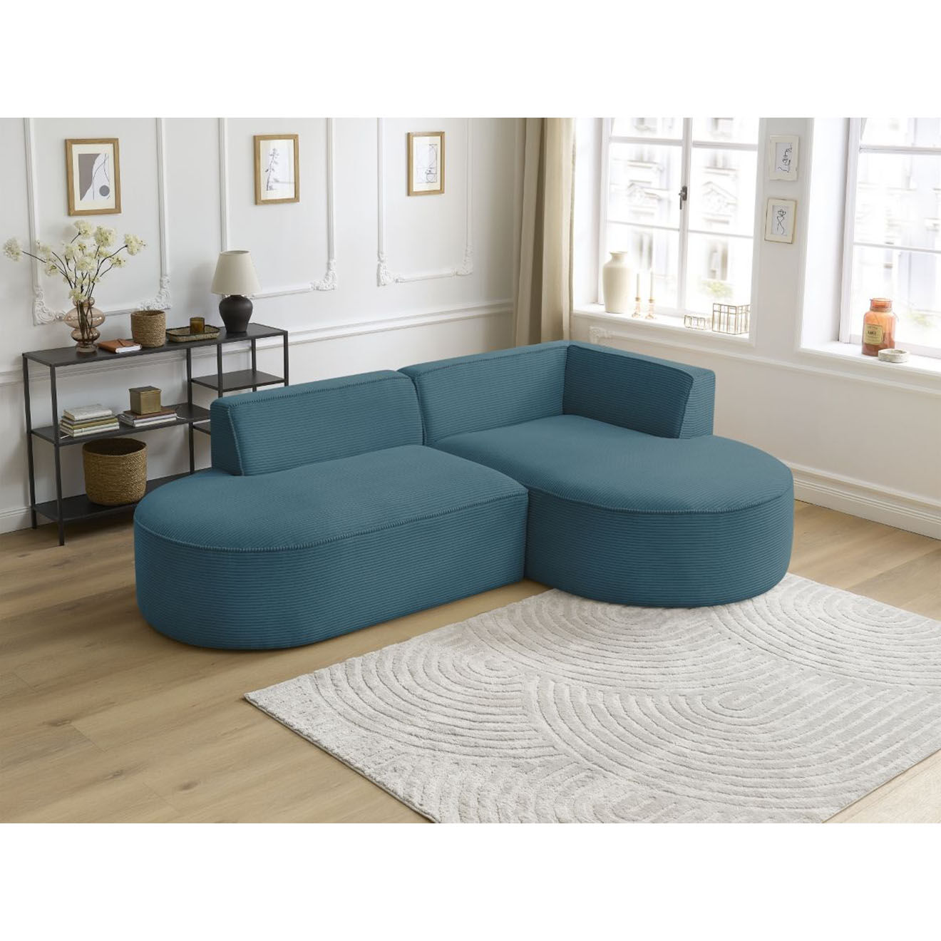 Bobochic Canapé d'angle droit fixe 4 places Rousseau texturé bleu foncé - 250x160x72 cm