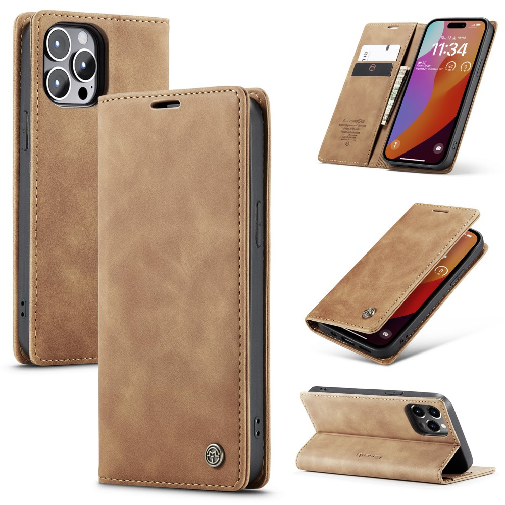 iPhone 16 Pro Max Leder Tasche Flip Wallet Etui mit Kartenfächern - Hellbraun