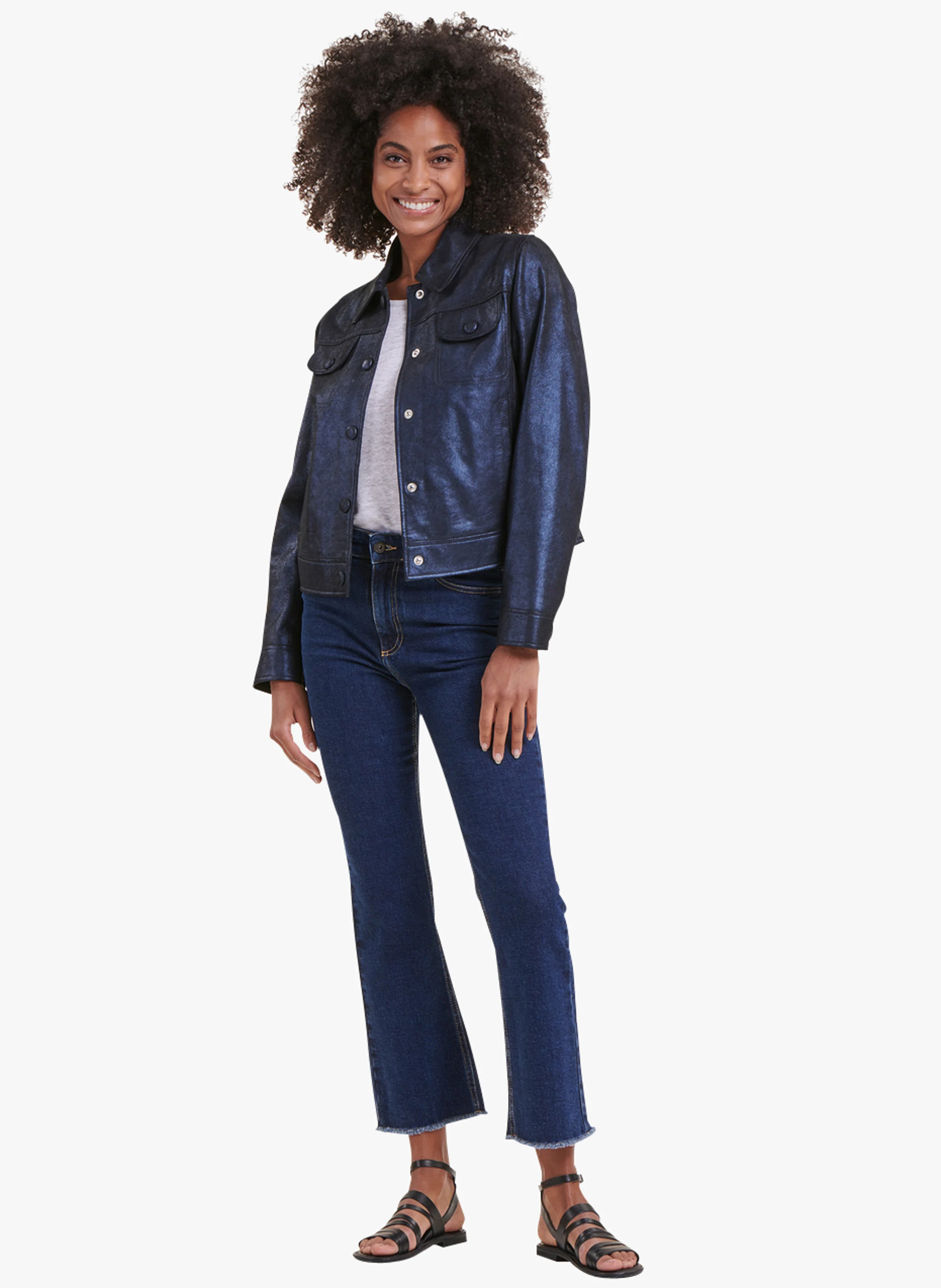 Veste col chemise en cuir| Bleu