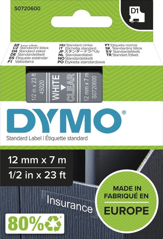Dymo - LabelManager D1 - Labeltape - Transparant - Polyester - 12mm - 7m