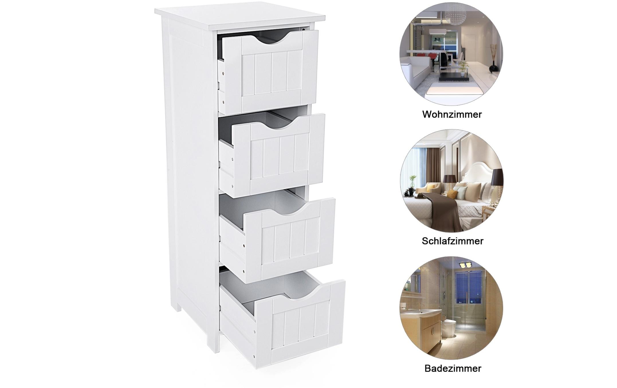Badezimmerregal mit 4 Schubladen 30 x 82 cm, WeissBeistellschrank im Landhausstil