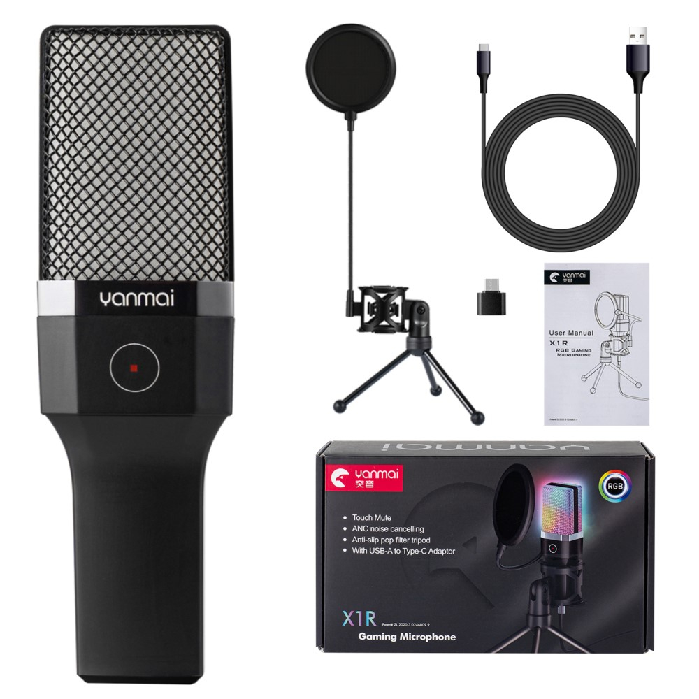 Studio Kondensator USB / USB-C Mikrofon für Gaming / Streaming mit Pop Filter / ANC / Dreibein Stativ und RGB LED - Schwarz