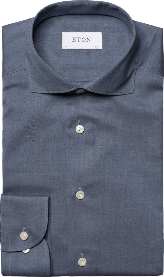 ETON Mid Blue Herringbone Wrinkle Free Flannel Shirt Blå