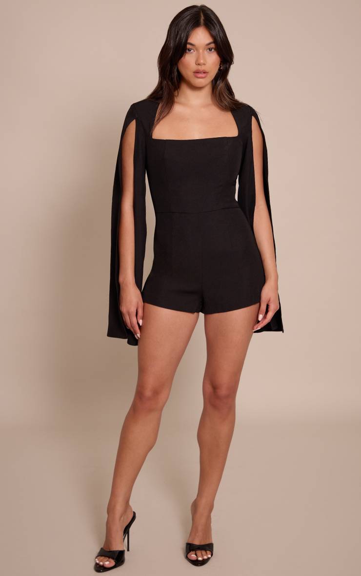 Noir Combinaison-short Tissée À Manches Cape