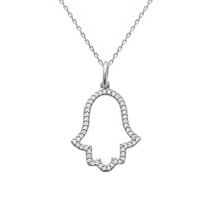 Collier main de Fatma ajourée sertie d'oxydes de zirconium Argent 925 Rhodié