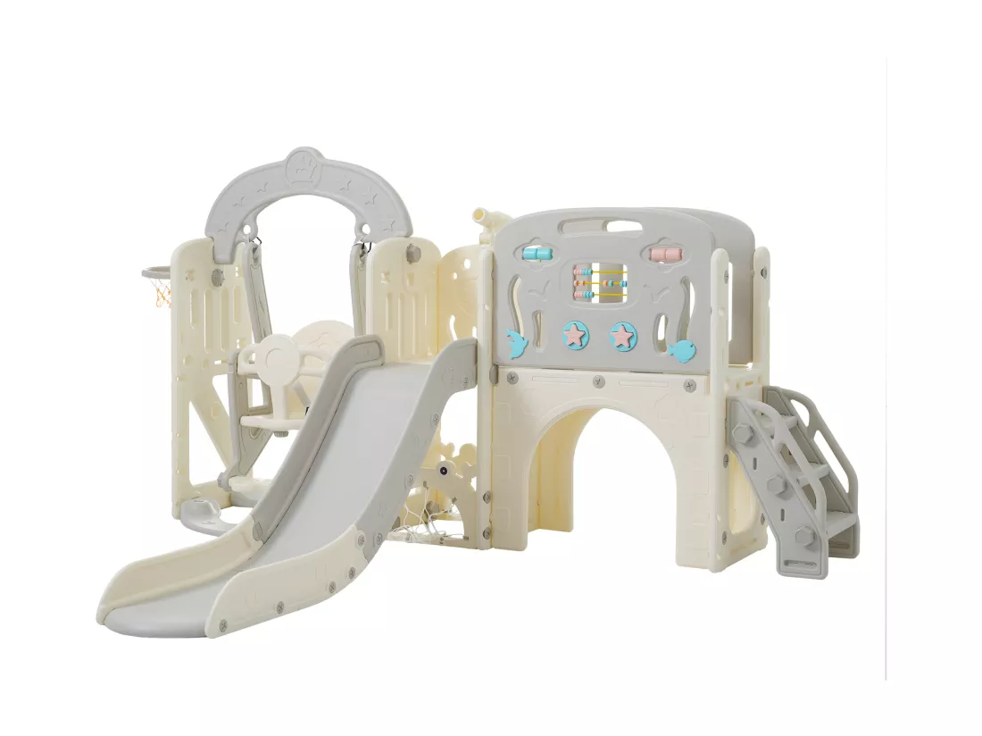 Ensemble balançoire de jeux pour enfants 10 en 1 - 232 x 181 x 116cm - en matériel HDPE - avec toboggan - Gris
