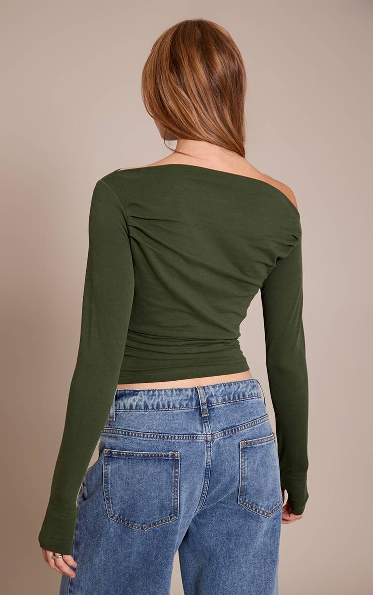 Dark Khaki Haut Asymétrique Froncé À Manches Longues En Coton Doux