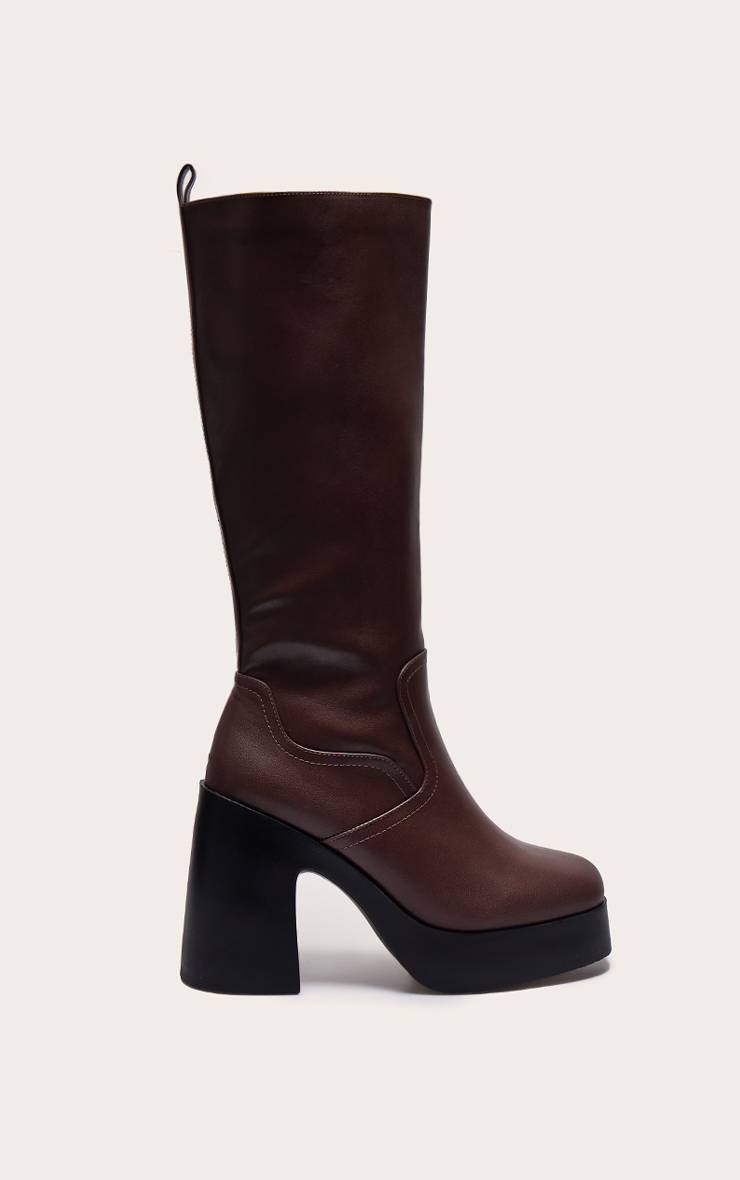 Chocolat Bottes Hautes Au Genou En Synthétiquecuir À Bout Carré Talon Bloc Plateforme Légère Coupe Large