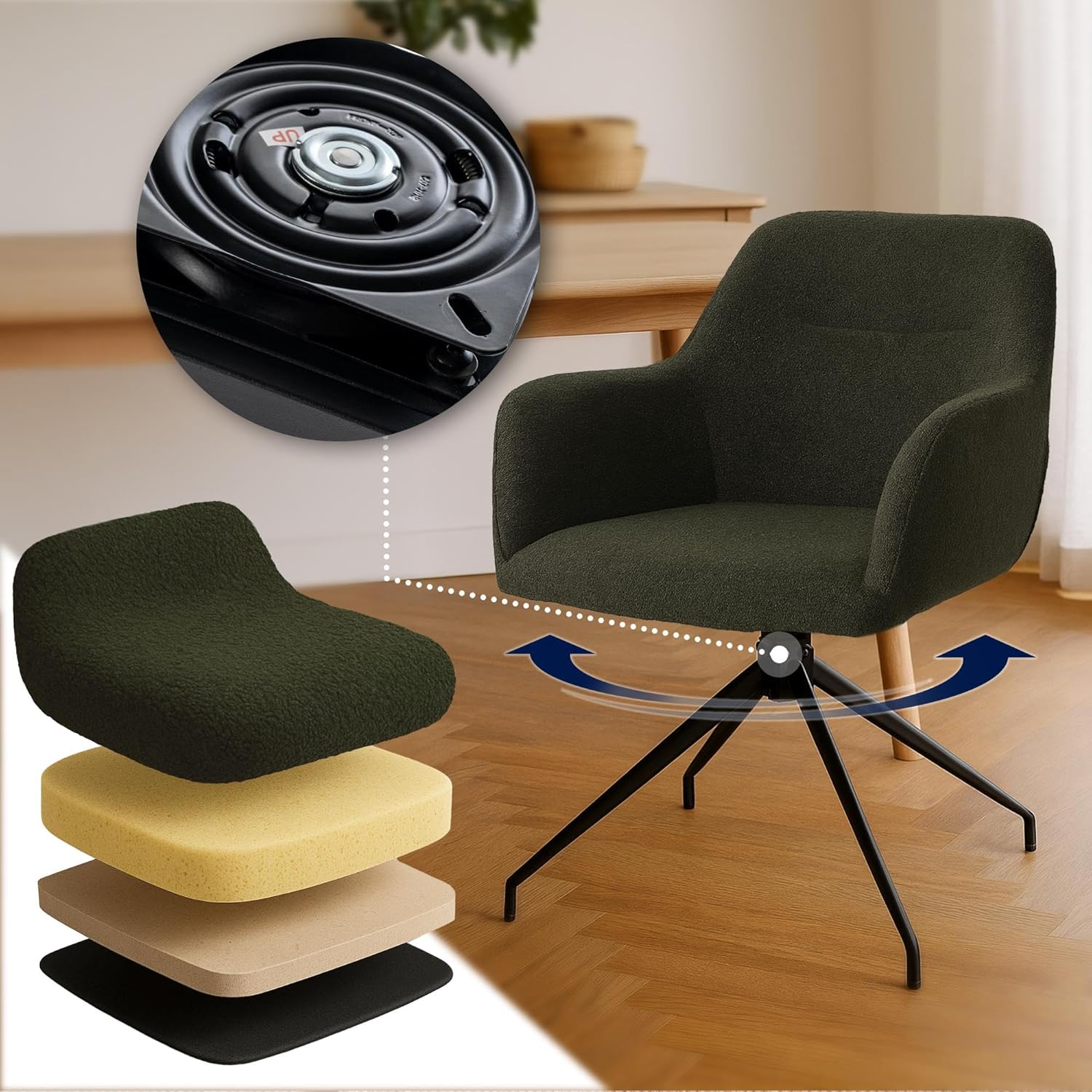 CLP Esszimmerstuhl drehbar Merlinda, Sessel mit Armlehnen in Teddy-Polsterung, 180° Swivel-Funktion, Polsterstuhl mit Metallgestell, Farbe:dunkelgrün
