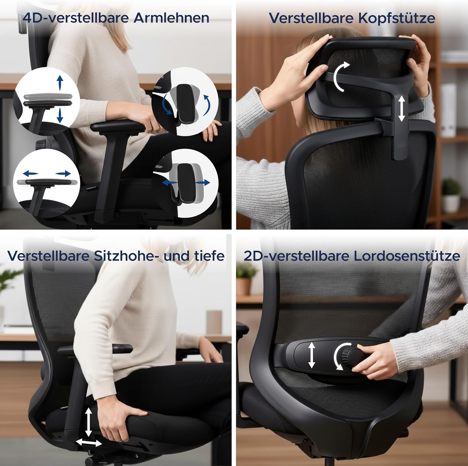 TITANO E5 | Ergonomischer Bürostuhl mit Neigungsfunktion, 4D-Armlehnen, Lendenwirbelstütze & Kopfstütze – Drehstuhl für Home Office & Büro | 150 kg Belastbar | Ergonomic Schreibtischstuhl
