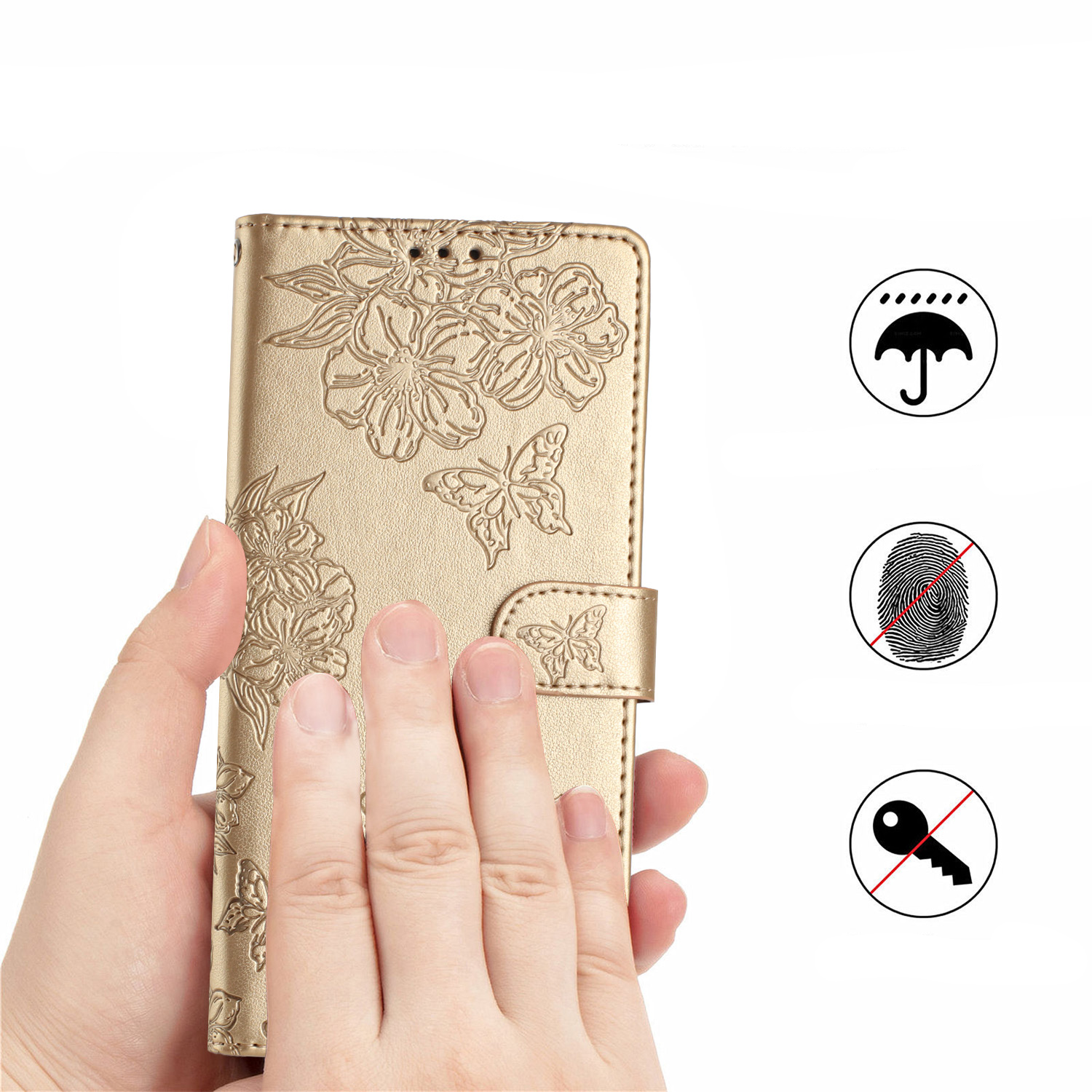 Samsung Galaxy S24 FE Leder Tasche Wallet - Mandala Butterfly Flowers Imprint - Gold