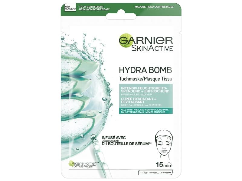 Garnier Gesichtsmaske Hydra Bomb Aloe Vera 1 Stück Tuchmaske sorgt für ein sofortiges Frischegefühl und ein revitalisiertes Hautbild